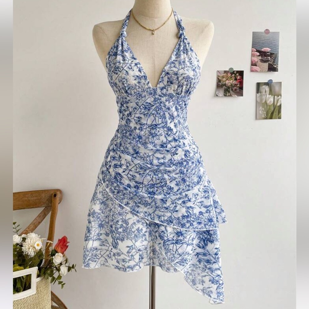 Asymmetrical Blue Floral Dress
